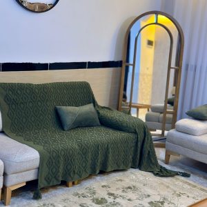 شال مبل سنگین بافت برجسته نخ اکریلیک ترک سبز یشمی تیره